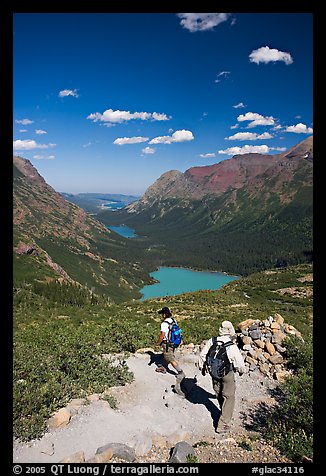 Switchback on trail, with Grinnel Lake and Josephine Lake in the background. Glacier National Park, Montana, USA.