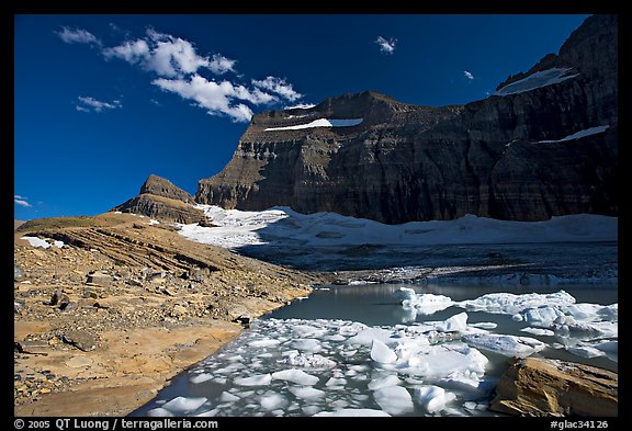 Upper Grinnell Lake with icebergs, late afternoon. Glacier National Park, Montana, USA.