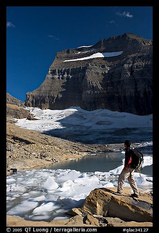 Hiker with backpack surveying Grinnell Glacier. Glacier National Park, Montana, USA.