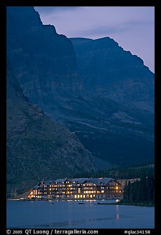 Many Glacier lodge and Swiftcurrent Lake at dusk. Glacier National Park (color)