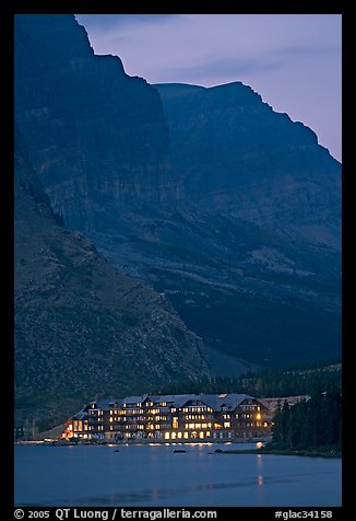 Many Glacier lodge and Swiftcurrent Lake at dusk. Glacier National Park, Montana, USA.