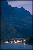 Many Glacier lodge and Swiftcurrent Lake at dusk. Glacier National Park, Montana, USA. (color)