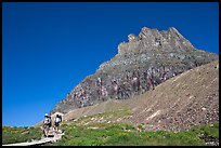 Two backpackers descending on trail near Logan Pass. Glacier National Park, Montana, USA. (color)