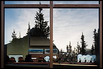 Firs and peak, Logan Pass visitor center window reflexion. Glacier National Park ( color)