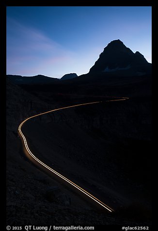 Going-to-the-Sun road at dusk with car light trail. Glacier National Park (color)