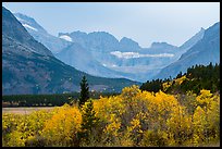 Forest in autum foliage and Garden Wall, Many Glacier. Glacier National Park, Montana, USA.