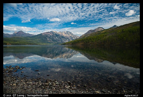 Shoreline with pebbles and mountains with reflections, Kintla Lake. Glacier National Park (color)