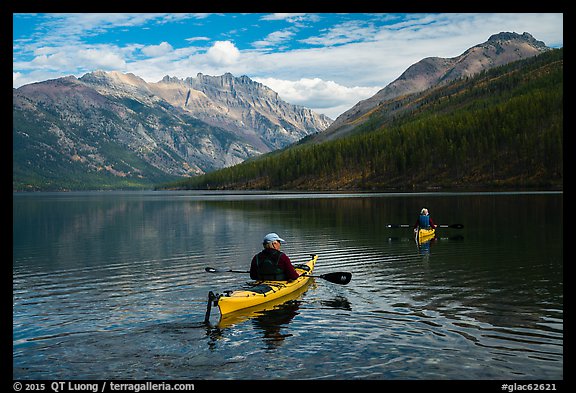 Two kayakers on Kintla Lake. Glacier National Park (color)