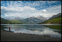 Visitor looking, Kintla Lake. Glacier National Park, Montana, USA.