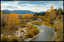 North Fork of Flathead River in autumn. Glacier National Park, Montana, USA.