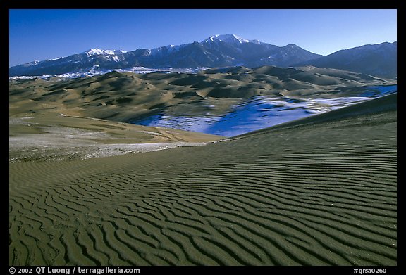 Dune field and Sangre de Christo mountains in winter. Great Sand Dunes National Park, Colorado, USA.