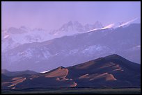 Distant view of the dune field and Sangre de Christo mountains at sunset. Great Sand Dunes National Park, Colorado, USA. (color)