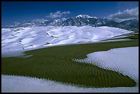 Patch of sand, snow-covered dunes, Sangre de Christo mountains. Great Sand Dunes National Park, Colorado, USA.