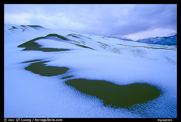 Patch of sand in snow-covered dunes. Great Sand Dunes National Park, Colorado, USA.