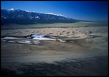 Sand dunes with patches of snow seen from above. Great Sand Dunes National Park, Colorado, USA. (color)