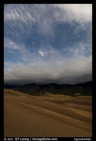 Dunes, moonlit clouds, and stars. Great Sand Dunes National Park and Preserve, Colorado, USA.