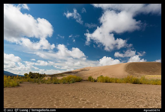 Dried Medano Creek and sand dunes in autumn. Great Sand Dunes National Park, Colorado, USA.