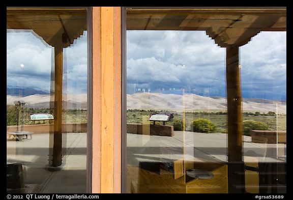 Dune field, visitor center window reflexion. Great Sand Dunes National Park and Preserve (color)