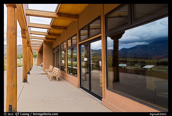 Large windows reflection landscape in visitor center. Great Sand Dunes National Park, Colorado, USA.