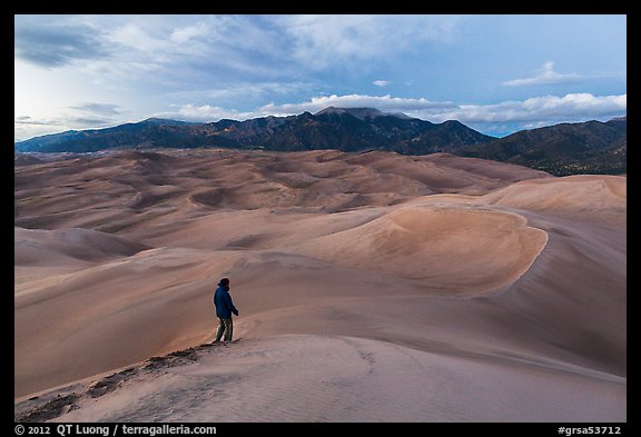 Visitor looking, dune field. Great Sand Dunes National Park and Preserve, Colorado, USA.