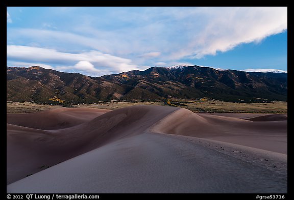 Dunes and Mount Zwischen at dusk. Great Sand Dunes National Park, Colorado, USA.