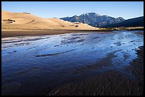 Medano Creek, dunefield, and mountains in autumn. Great Sand Dunes National Park and Preserve ( color)