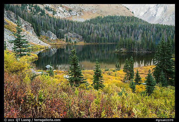 Autumn vegetation and alpine lake, Lower Sand Creek Lake. Great Sand Dunes National Park and Preserve, Colorado, USA.