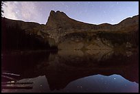 Tijeras Peak above Lower Sand Creek Lake at night. Great Sand Dunes National Park and Preserve, Colorado, USA.