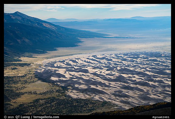 Sangre de Cristo Mountains and dune field from above. Great Sand Dunes National Park and Preserve, Colorado, USA.