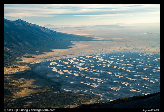 The 750 feet dunes look small from  alpine summit of 13,297 feet Mt. Herard. Great Sand Dunes National Park and Preserve (color)