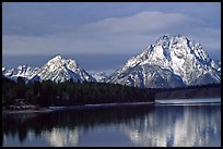 Mt Moran in early winter, reflected in Oxbow bend. Grand Teton National Park, Wyoming, USA.