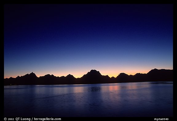 Teton range above Jackson lake, dusk. Grand Teton National Park, Wyoming, USA.