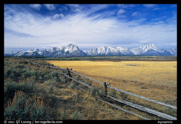 Fence and Teton range in fall. Grand Teton National Park, Wyoming, USA.