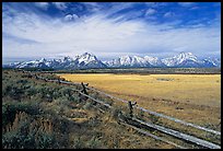 Fence and Teton range in fall. Grand Teton National Park, Wyoming, USA.