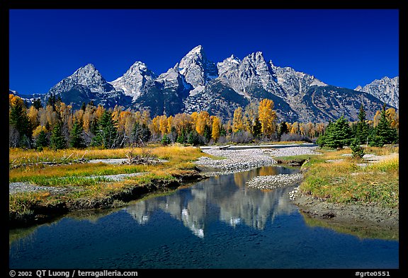 Grand Teton and fall colors reflected at Schwabacher landing. Grand Teton National Park (color)