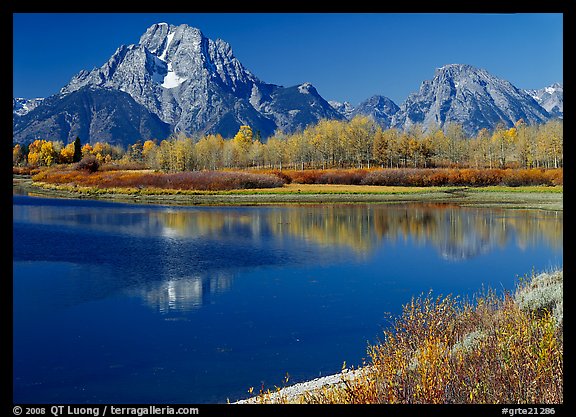 Mt Moran reflected in Oxbow bend in autumn. Grand Teton National Park, Wyoming, USA.