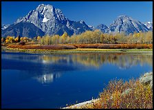 Mt Moran reflected in Oxbow bend in autumn. Grand Teton National Park, Wyoming, USA.