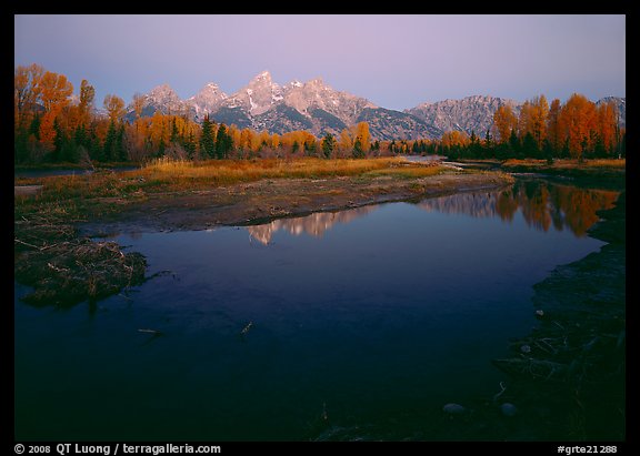 Teton range reflected in water at Schwabacher Landing, sunrise. Grand Teton National Park (color)