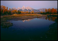 Teton range reflected in water at Schwabacher Landing, sunrise. Grand Teton National Park ( color)