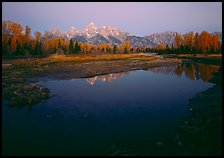 Teton range reflected in water at Schwabacher Landing, sunrise. Grand Teton National Park, Wyoming, USA.