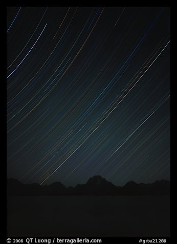 Star trails and Teton range. Grand Teton National Park, Wyoming, USA.