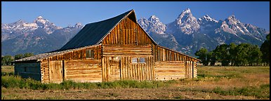 Wooden barn and mountain range. Grand Teton National Park (Panoramic color)