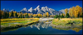 Mountains and fall colors reflected in pond, Schwabacher Landing. Grand Teton National Park, Wyoming, USA.