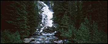 Waterfall flowing in dark forest. Grand Teton National Park, Wyoming, USA.