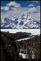 Snake River bend and Grand Teton in winter. Grand Teton National Park, Wyoming, USA.