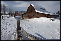 Historic Mormon Row homestead in winter. Grand Teton National Park, Wyoming, USA.