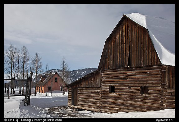 Moulton barn and house in winter. Grand Teton National Park, Wyoming, USA.