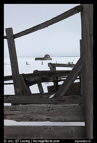 Fences, winter plain, and Murphy homestead. Grand Teton National Park, Wyoming, USA.