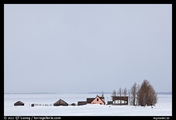 Mormon row homesteads and Jackson Hole in winter. Grand Teton National Park, Wyoming, USA.