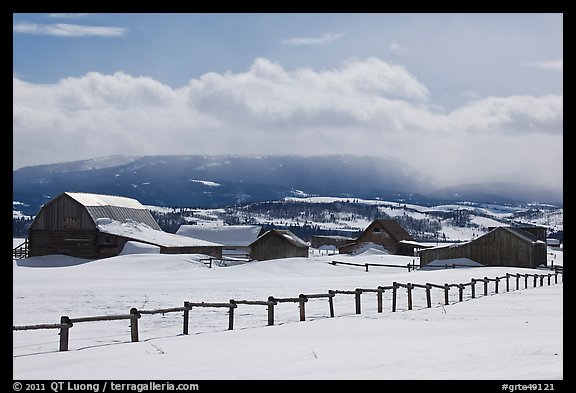 Chambers and Perry homesteads in winter, Mormon Row. Grand Teton National Park, Wyoming, USA.